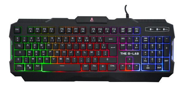 Clavier gaming filaire noir avec rétrocélairage multicolore fixe, 105 touches dont 6 touches anti-ghosting et 12 touches de raccourcis Windows, vue du dessus