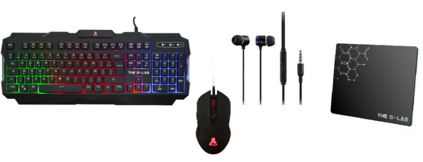 Setup gaming Combo Helium avec clavier, souris, écouteurs intra-auriculaires et tapis de tapis de souris noirs