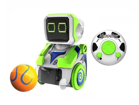 Robot Kickabot vert avec manette de jeu.
