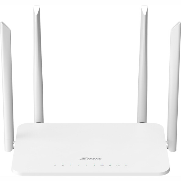 Routeur wifi STRONG carré blanc avec 4 antennes externes ajustables omnidirectionnelles  et voyants LED sur le dessus, vue de face