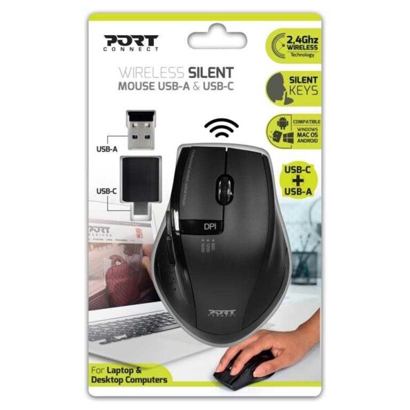 Packaging de la souris sans fil silencieuse avec nano récepteur USB et adaptateur USB-C.