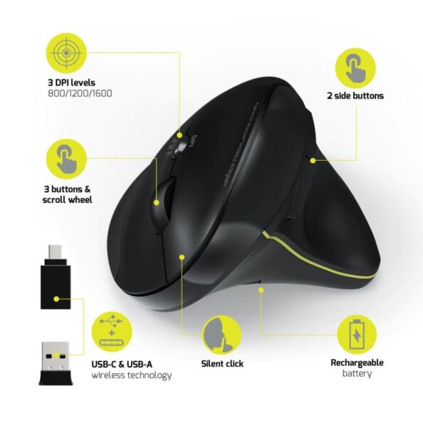 Souris ergonomique sans fil, 2.4 Ghz & Bluetooth PORT Connect