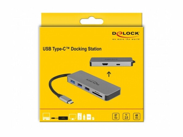 Packaging de la station d'accueil USB-C 87 W de la marque DeLock.