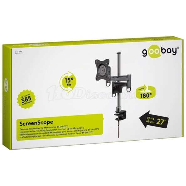 Packaging du support de table VESA ScreenFlex avec bras télescopique extensible.