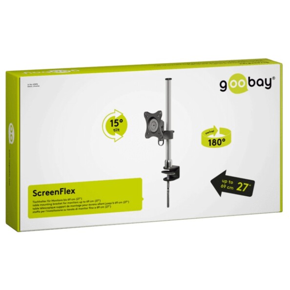 Packaging du support de table VESA ScreenFlex de Goobay.