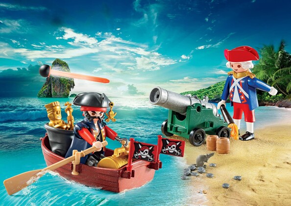 Pirate et soldat Playmobil avec un canon et un projectile.