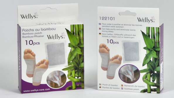 Pack de 10 patchs détox au bambou Wellys dans leur emballage cartonné vue de face et d'arrière côte à côté