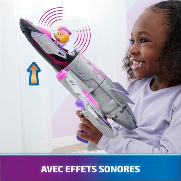 Visualisation des effets sonores du véhicule Pat' Patrouille Stella à travers un dessin d'ondes lorsqu'une petite fille appuie sur la gâchette et fais bouger l'avion avec Stella à l'intérieur