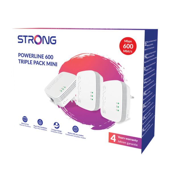 Kit de 3 adaptateurs Powerline 600 Pack Mini Strong avec 3 câbles Ethernet et guide d’installation rapide dans son emballage