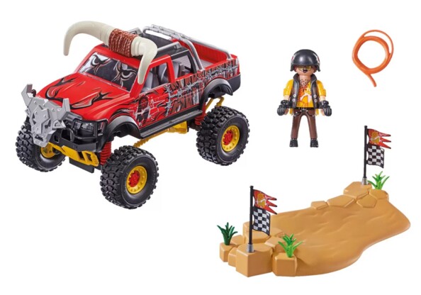 contenu de la boîte Playmobil 70549 avec cascadeur, 4x4x et obstacle