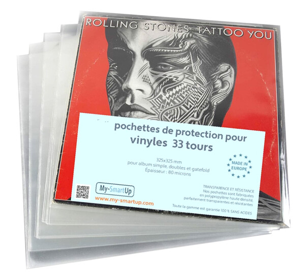 POCHETTES pour vinyles en POLYPROPYLENE, 50 unités (33 tours, 12",325x325 80 microns) POUR ALBUM SIMPLE DOUBLE ET GATEFOLD