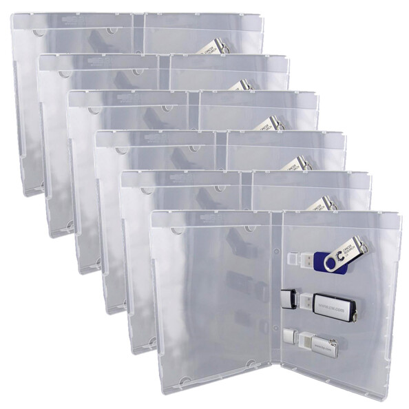 6 boîtiers transparents format Blu-Ray pour 3 clés USB vus de face