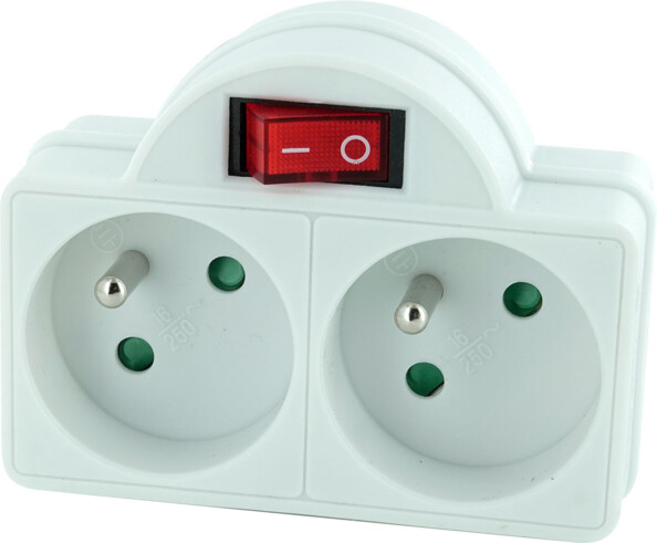 Adaptateur secteur avec 2 prises 230 V et interrupteur coloris blanc