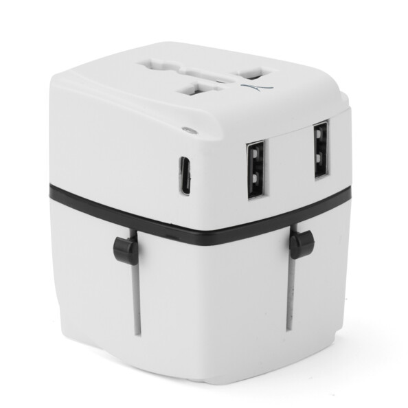 Chargeur secteur universel de voyage coloris blanc avec liseré noir posé sur sa face arrière avec vue sur deux ports USB-A, un port USB-C 20 W, une prise d'entrée Monde et deux commutateurs à glissière noirs pour choix de la fiche d'alimentation secteur