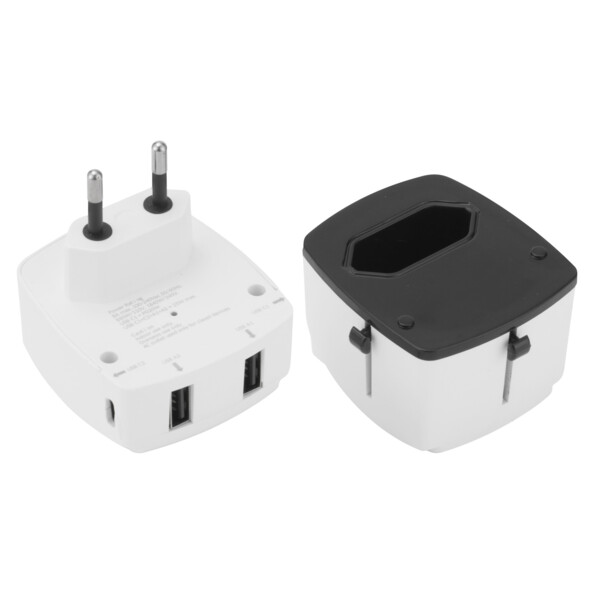 Chargeur secteur USB en deux parties avec prise européenne et ports USB-A/USB-C et coque de protection avec prise universelle et glissières
