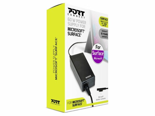 Chargeur 60 W Port Connect pour tablette Microsoft Surface dans sa boîte d'emballage blanche et vert anis