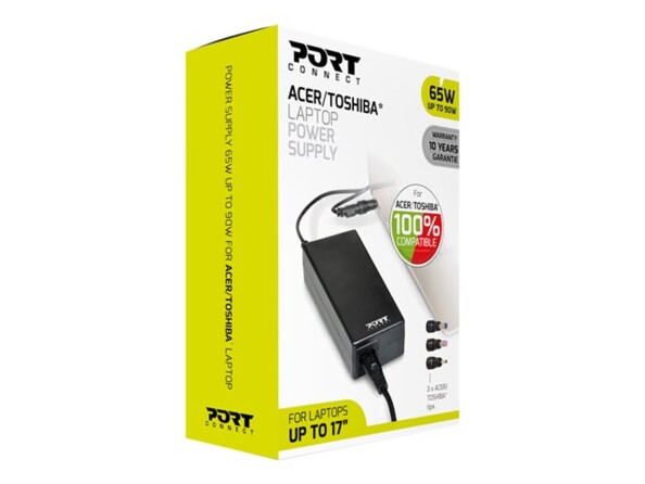 Chargeur 65 W Port Connect pour Notebook Acer ou Toshiba jusqu'à 17" dans sa boîte d'emballage blanche et vert anis