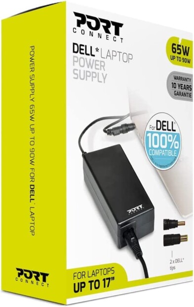 Chargeur 65 W Port Connect pour Notebook Dell jusqu'à 17" dans sa boîte d'emballage blanche et vert anis