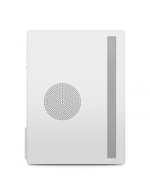 Côté droit du boîtier PC avec grille d'aération verticale le long de la façade et grille de ventilation ronde pour circulation de l'air sur la paroi en métal