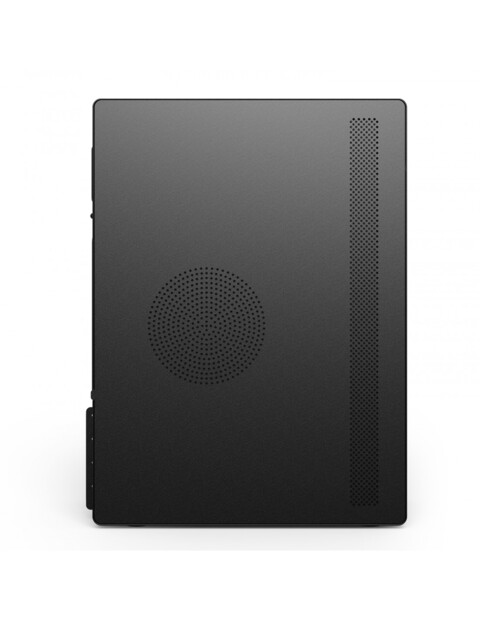 Côté droit du boîtier PC avec grille d'aération verticale le long de la façade et grille de ventilation ronde pour circulation de l'air sur la paroi en métal