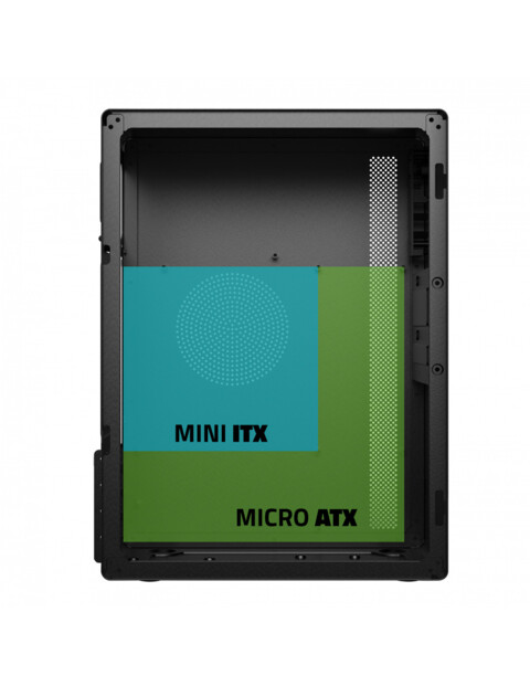 Schématisation par deux rectangles du format des cartes-mères compatibles, vert pour Micro ATX et bleu pour Mini ITX