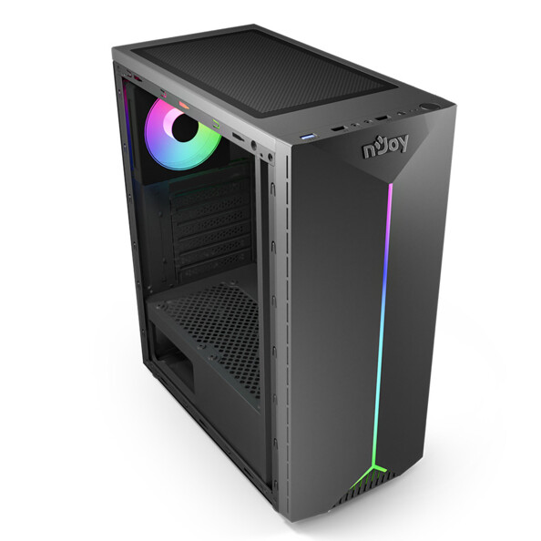 Vue plongeante sur le châssis pour PC gaming Anil montrant le dessus avec filtre à poussière, bouton LED, ports USB et prises casque avec bande LED en façade, vitre transparente sur le côté droit et ventilateur LED à l'arrière