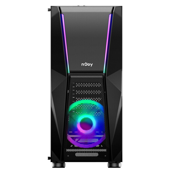 Face avant de la tour vide pour PC avec logo NJoy, bandes LED et grille métallique de ventilateur avec ventilateur bas LED RVB