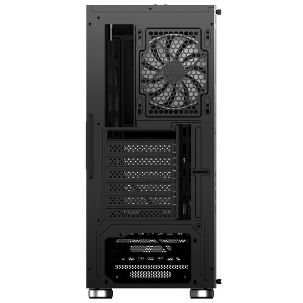 Arrière du boîtier PC avec rétroéclairage RVB éteint laissant entrevoir le ventilateur de refroidissement supérieur avec filtre à poussière