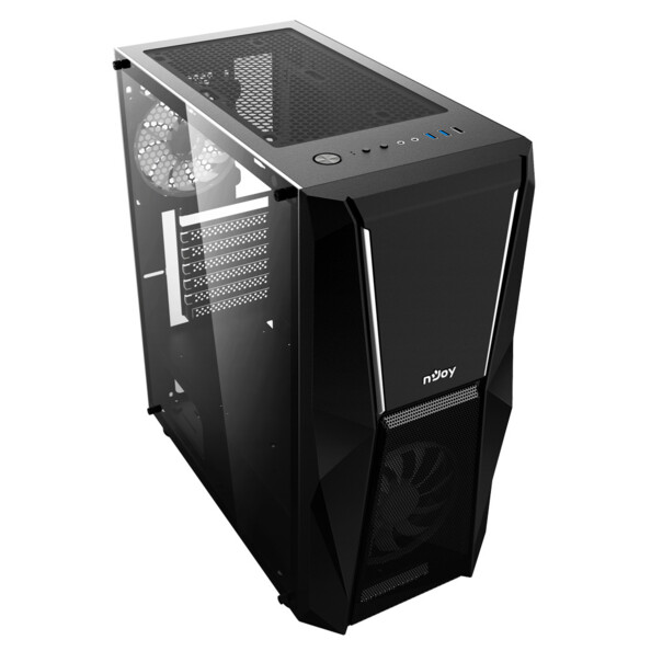 Boîtier pour PC modèle Fort vue du dessus avec grille de ventilation, boutons de commandes, prises casque et ports USB sur le dessus