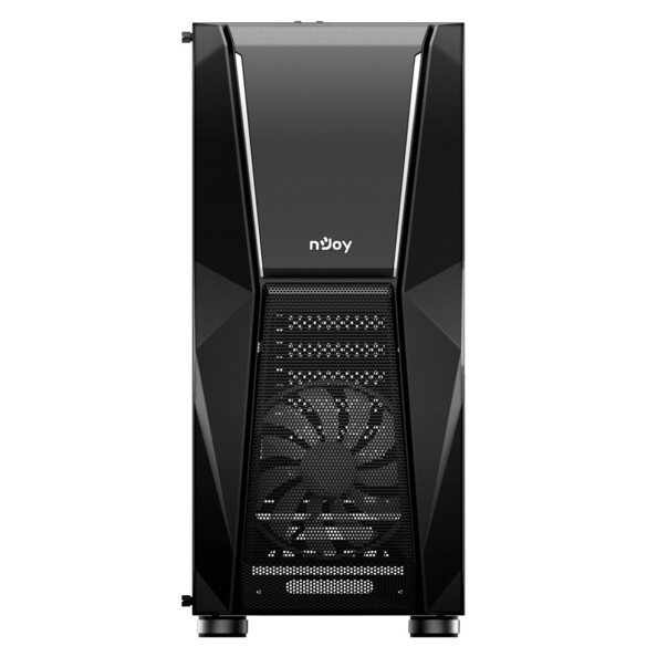 Face avant du boîtier pour PC montrant le design futuriste de la structure en métal noir avec lumière LED colorée éteinte, grille d'aération devant le ventilateur et surface supérieure pleine avec logo de la marque