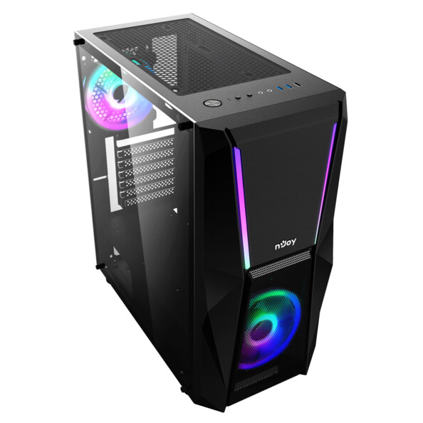 Boîtier pour ordinateur vide avec rétroéclairage LED multicolore allumé sur les ventilateurs et la face avant, montrant le grande espace interne du boîtier