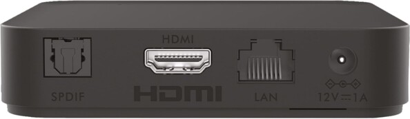 Arrière du boîtier Android et décodeur TV Google avec port Ethernet, entrée DC pour adaptateur secteur, port HDMI et port S/PDIF optique