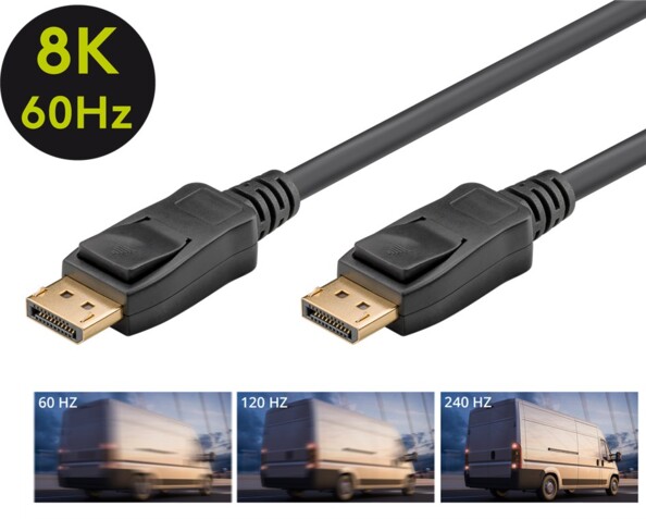 Câble DisplayPort mâle vers DisplayPort mâle avec logo 8K 60Hz et 3 images indiquant sa compatibilité avec les taux de rafraîchissement 60Hz, 120Hz et 240Hz