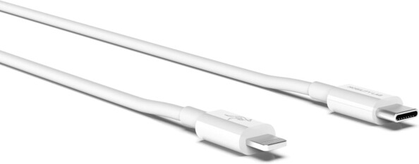 Gros plan sur les deux connecteurs du câble certifé Apple MFi avec fiche Lightning et fiche USB-C 3.0