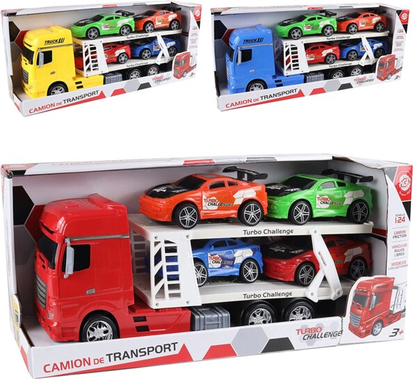 Camion de transport avec 4 voitures de course Turbo Challenge de la marque MGM Jouets dans leur emballage