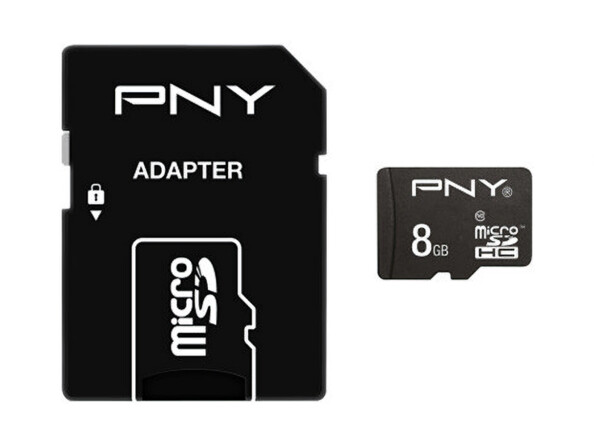 Carte mémoire MicroSD(HC) 8 Go avec adaptateur format SD de la marque PNY