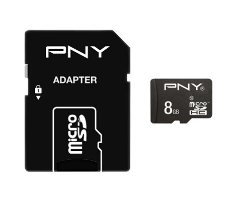 Carte mémoire MicroSD(HC) 8 Go avec adaptateur format SD de la marque PNY
