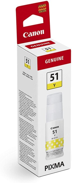 Bouteille d'encre jaune Canon GI-51Y vue du packaging de coté