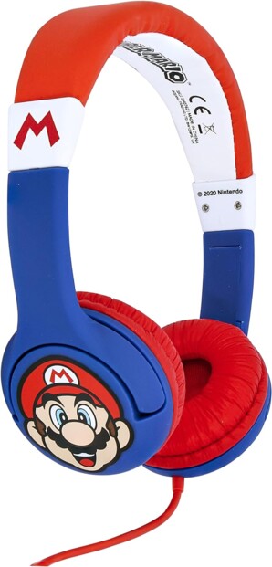 Casque supra-auriculaire aux couleurs du personnage Mario sous licence officielle Nintendo avec arceau de tête réglable, oreillettes rembourrées et câble jack rouge 90 cm