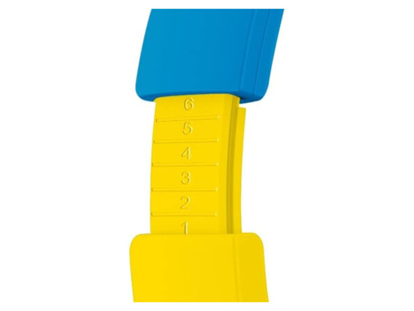 Gros plan sur le réglage à 6 crans de l'arceau de tête réglable pour ajustement au tour de tête de l'enfant