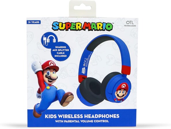 Packaging cartonné bleu et blanc avec personnage Mario du jeu vidéo Super Mario, casque sans fil et spécifications techniques de la marque OTL Technologies