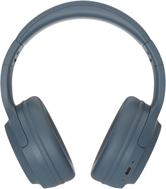 Casque audio sans fil bleu gris transformable en micro-casque filaire par câble jack fourni et rechargeable par port USB-C