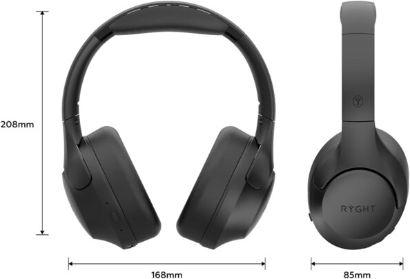 Casque stéréo noir sans fil réglable Ryght avec dimensions de longueur, de largeur et de hauteur annotées
