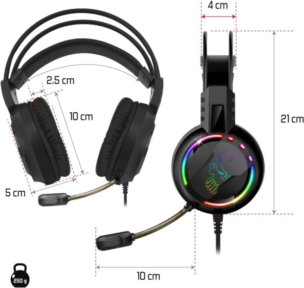 Casque stéréo gaming PRO-H7 avec rétroéclairage LED RVB et dimensions des différents éléments le constituant annotées sur un schéma
