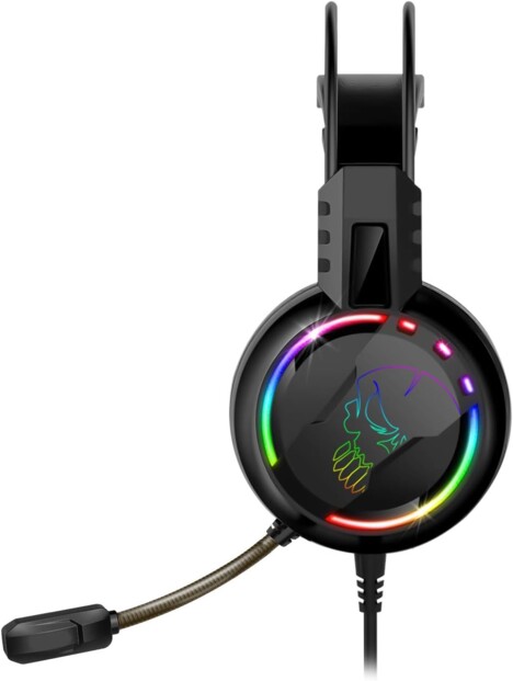 Vue de côté gauche du casque gaming PRO-H7 avec écouteur rembourré gauche rétroéclairé par LED RVB, microphone déplié vers l'avant, câble d'alimentation pendant vers le bas et arceau rembourré visible sur le dessus