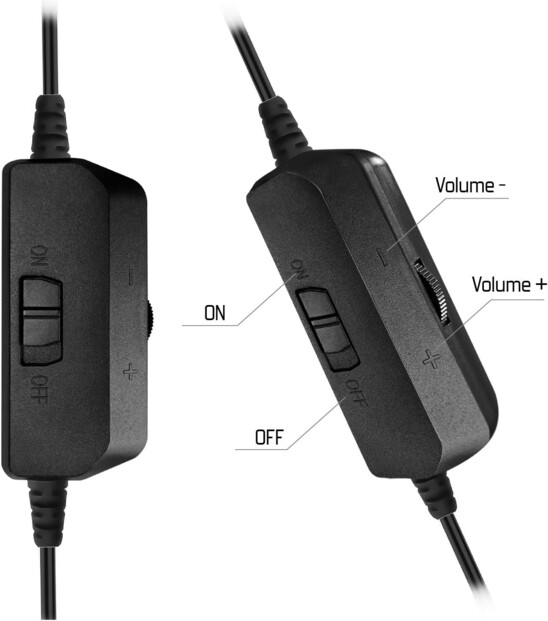Boîtier de commande filaire noir avec interrupteur ON/OFF et molette de réglage du volume sonore du microphone