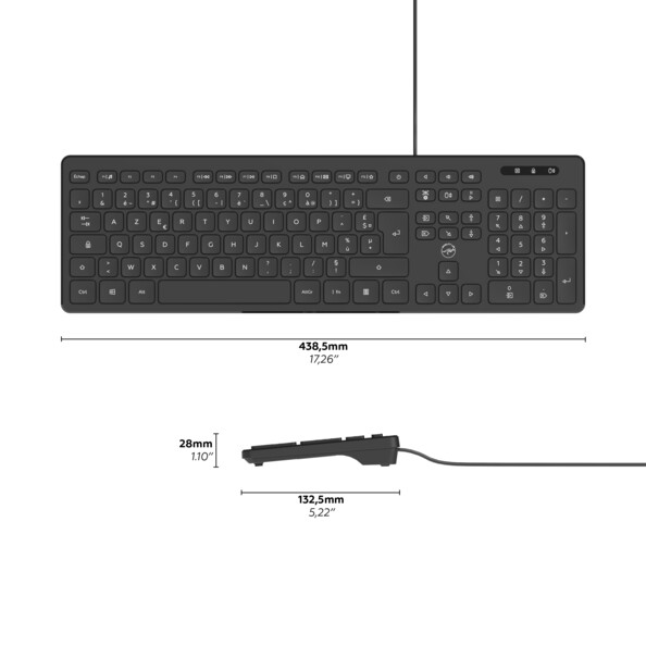 Clavier AZERTY filaire et hub USB vue du dessus et du côté gauche avec dimensions de longueur, de largeur et de hauteur annotées