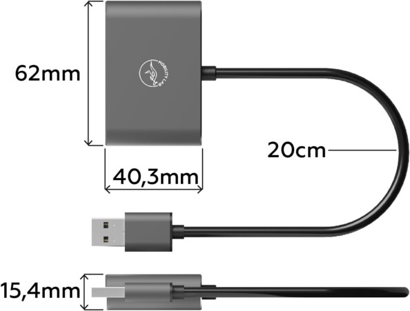 Convertisseur USB vers HDMI et VGA avec câble 20 cm, largeur 40,3 mm, longueur 62 mm et épaisseur 15,4 mm annotées sur les différentes parties de l'appareil