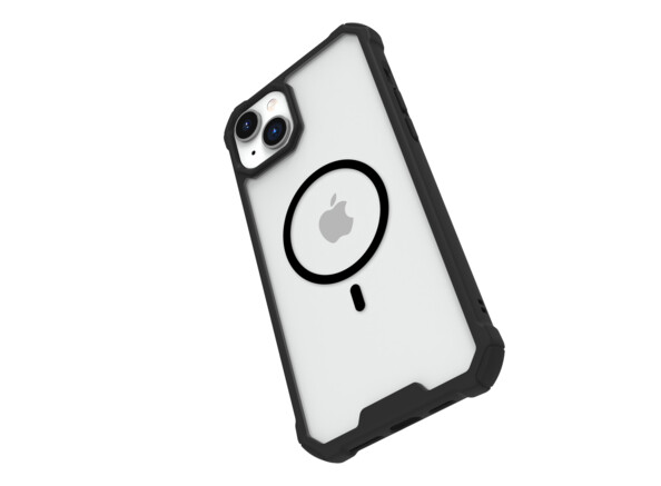 Vue de biais de la coque Air 2.0 Raptic installée sur un iPhone 15 Plus avec protection des boutons latéraux et cercle aimanté au centre de la coque pour chargement sans fil compatible MagSafe et chargeur sans fil