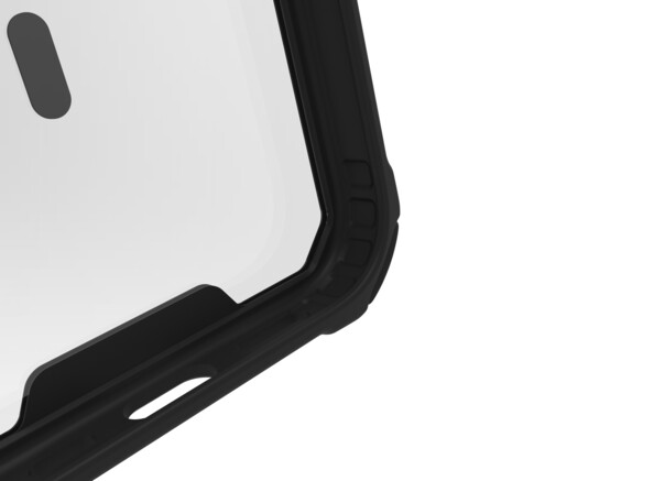 Gros plan sur le bord inférieur de la coque de protection montrant l'épaisseur de la paroi en polycarbonate